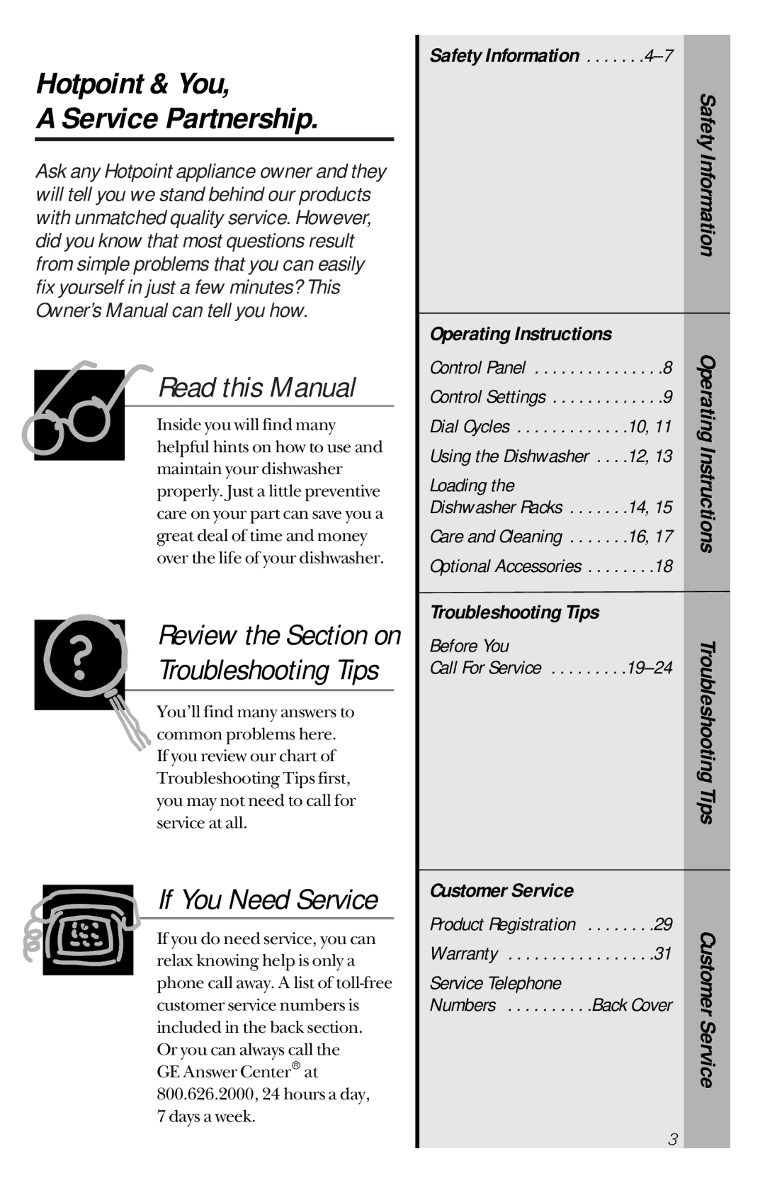 Hotpoint HDA3420 Hotpoint & You Service Partnership, Review the Section on, Operating Instructions, Troubleshooting Tips 