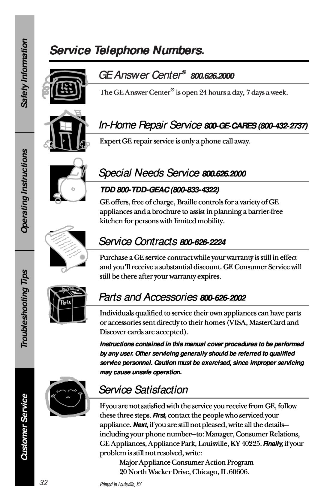 Hotpoint HDA1100 Service Telephone Numbers, In-HomeRepair Service 800-GE-CARES, TDD 800-TDD-GEAC, GE Answer Center 