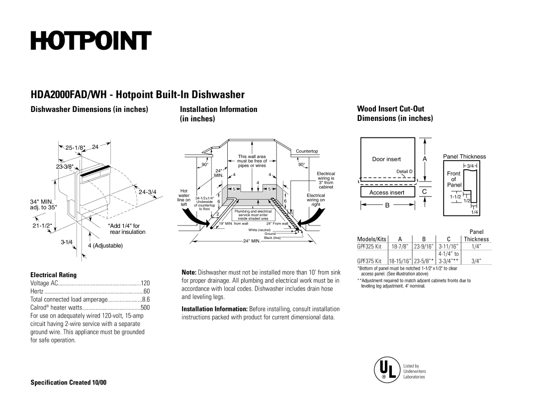 Hotpoint dimensions HDA2000FAD/WH Hotpoint Built-In Dishwasher, Dishwasher Dimensions in inches, Electrical Rating 