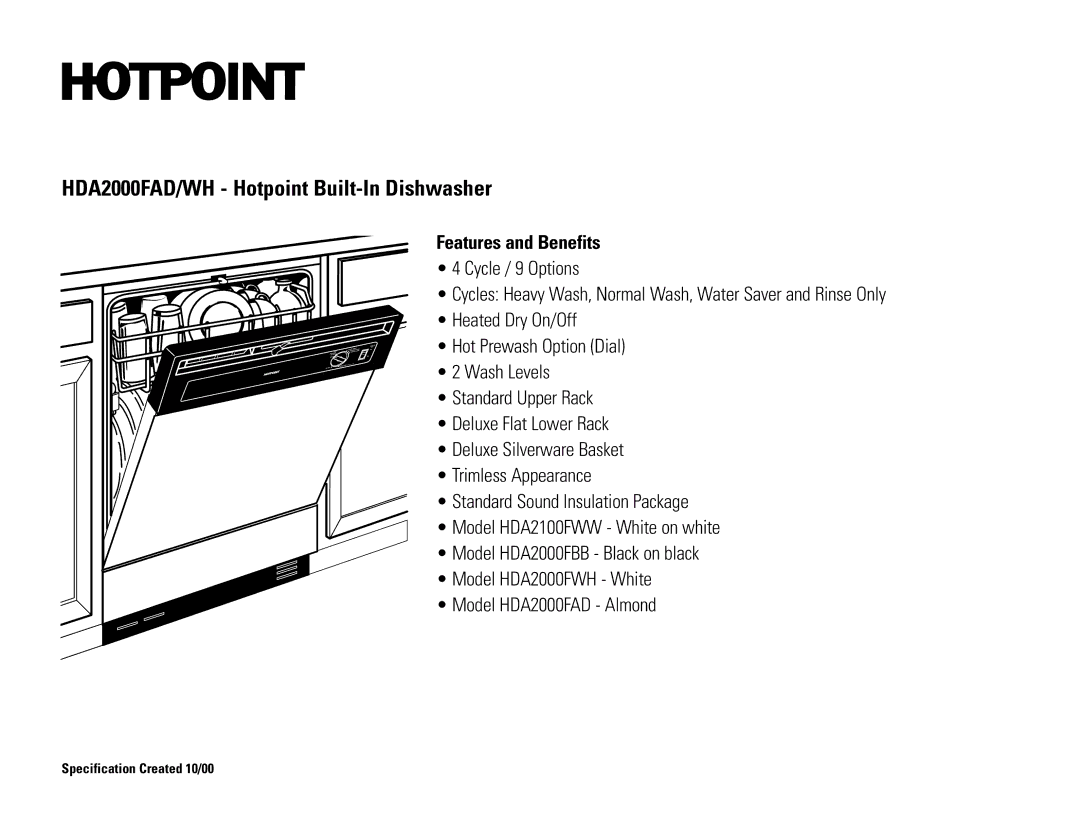 Hotpoint HDA2000FAD/WH dimensions Features and Benefits 