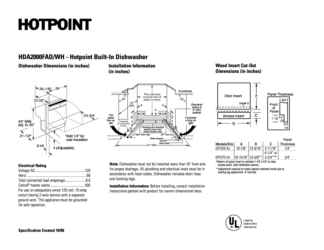 Hotpoint dimensions HDA2000FAD/WH - Hotpoint Built-In Dishwasher, Dishwasher Dimensions in inches, Electrical Rating 
