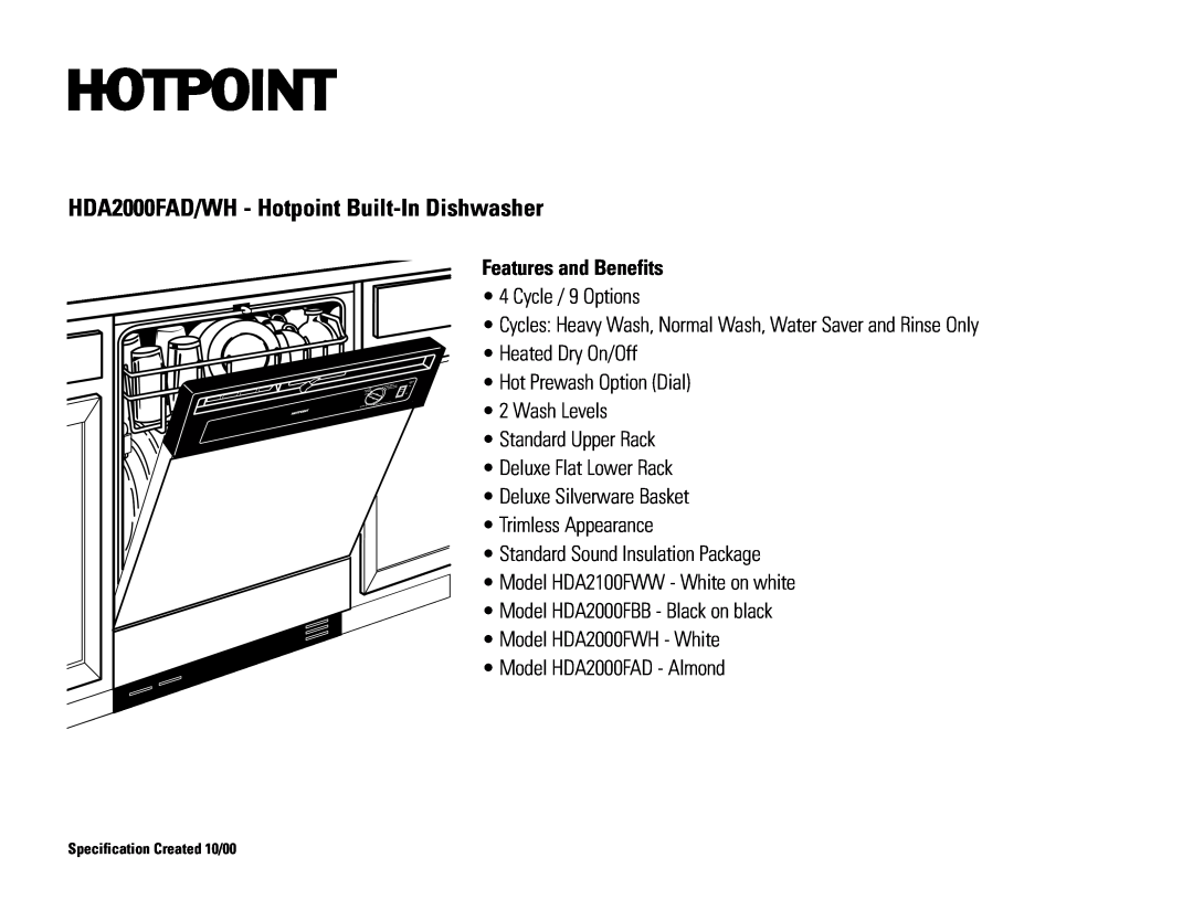 Hotpoint dimensions HDA2000FAD/WH - Hotpoint Built-In Dishwasher, Features and Benefits 