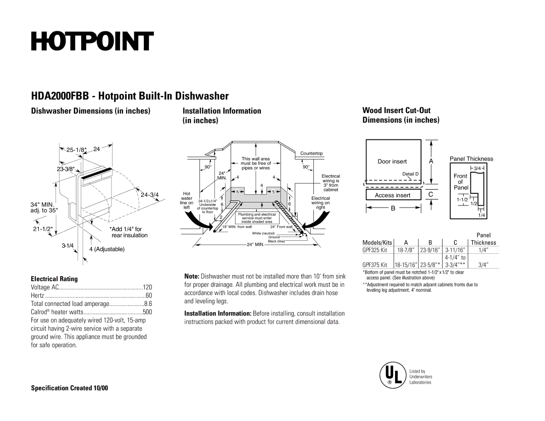 Hotpoint dimensions HDA2000FBB Hotpoint Built-In Dishwasher, Dishwasher Dimensions in inches, Electrical Rating 