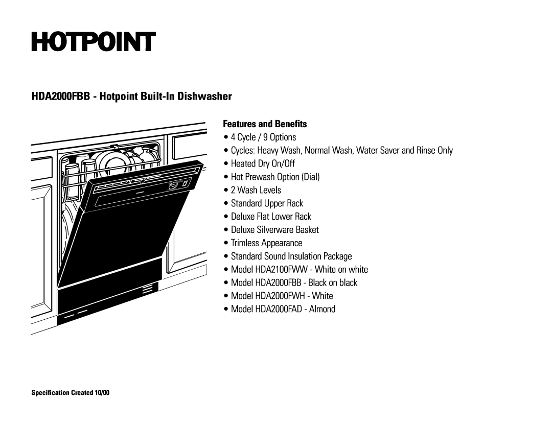 Hotpoint dimensions HDA2000FBB - Hotpoint Built-InDishwasher, Features and Benefits 