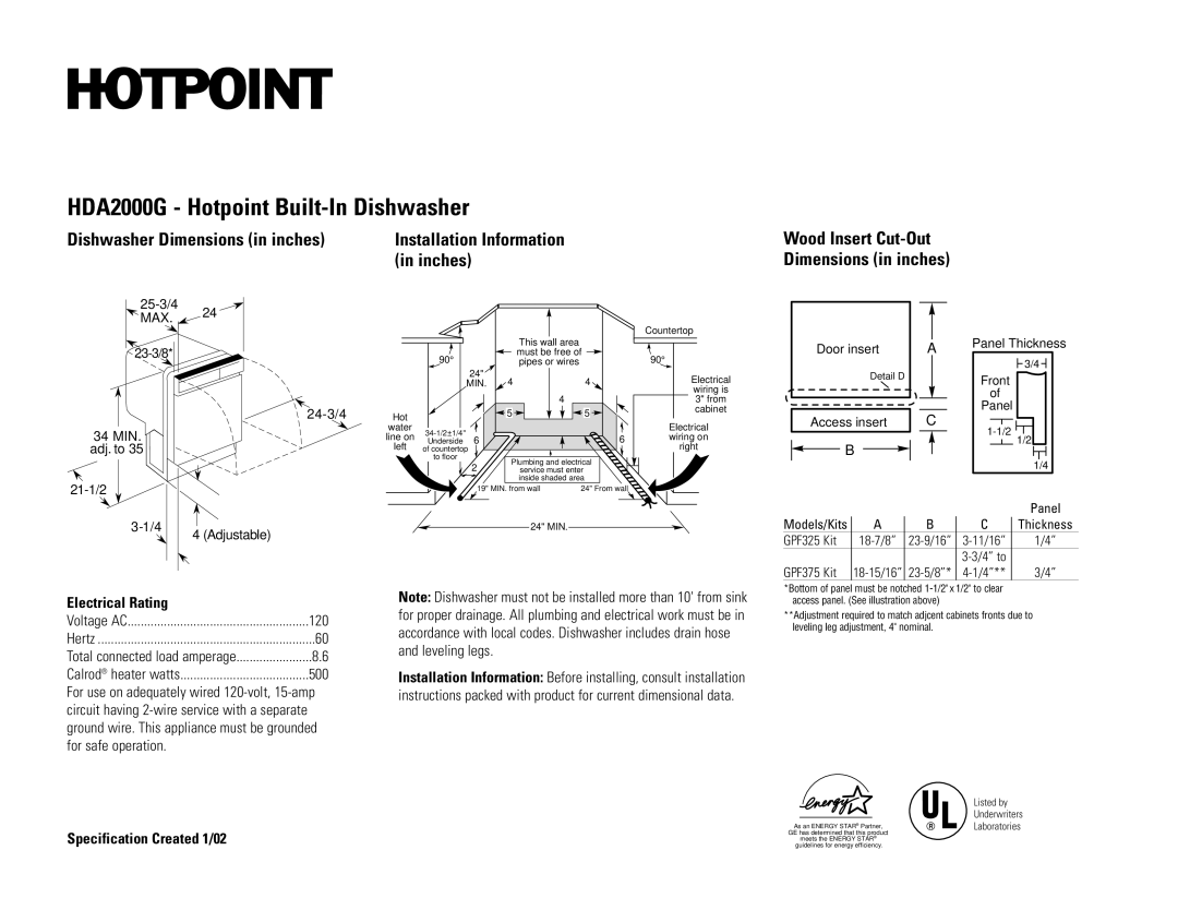 Hotpoint HDA2000GAA, HDA2000GWW dimensions Installation Information in inches, Wood Insert Cut-Out Dimensions in inches 