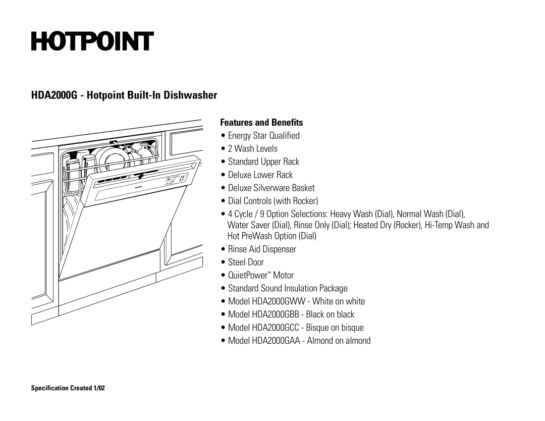 Hotpoint HDA2000GWW, HDA2000GAA, HDA2000GCC, HDA2000GBB dimensions Features and Benefits 