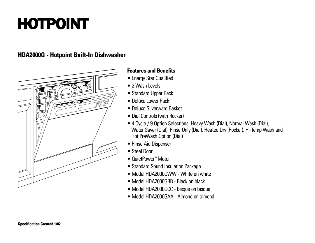 Hotpoint HDA2000GWW, HDA2000GAA, HDA2000GCC, HDA2000GBB HDA2000G - Hotpoint Built-InDishwasher, Features and Benefits 