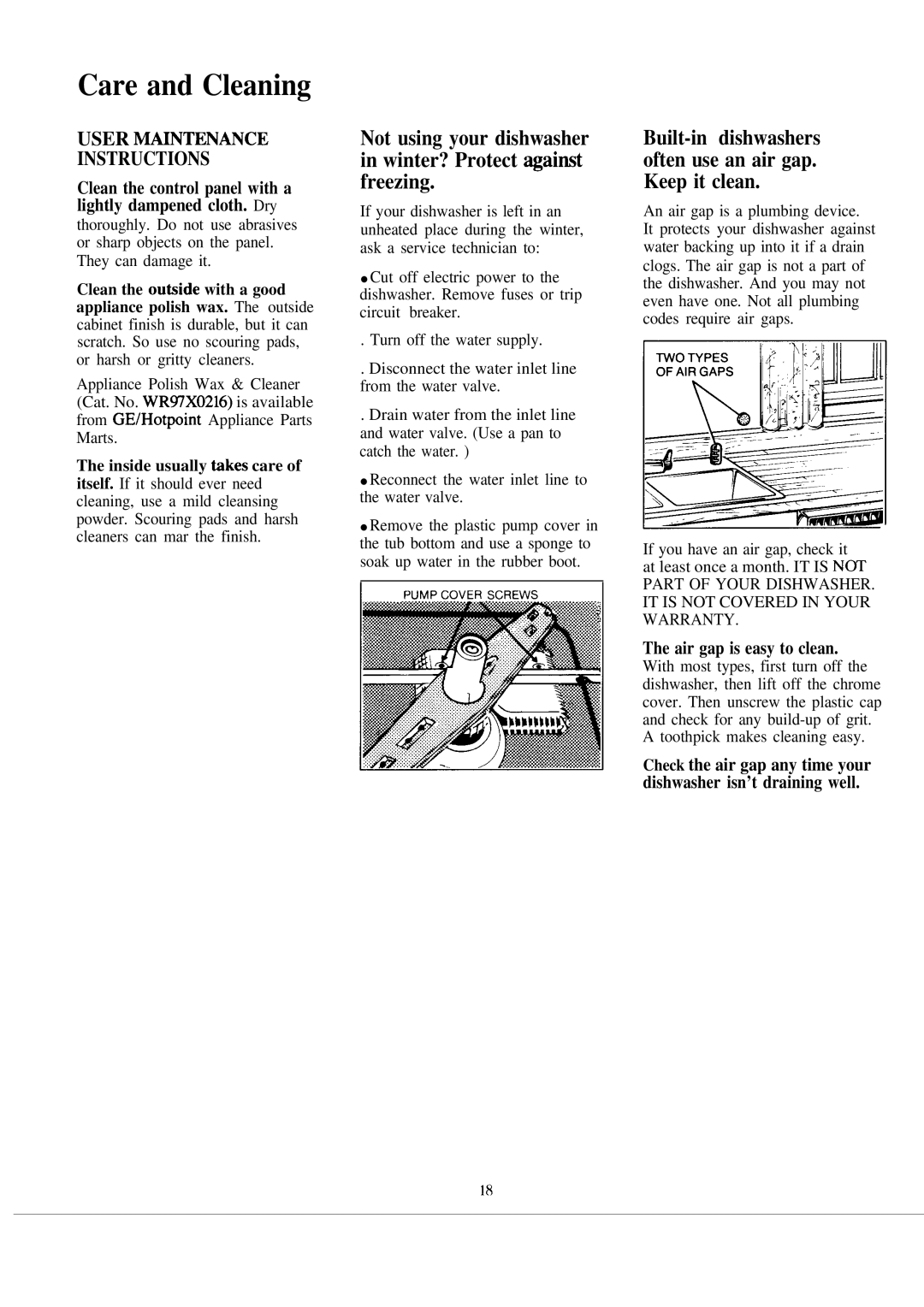 Hotpoint HDA2000M warranty Care and Cleaning, User MMNTEN~CE Instructions 