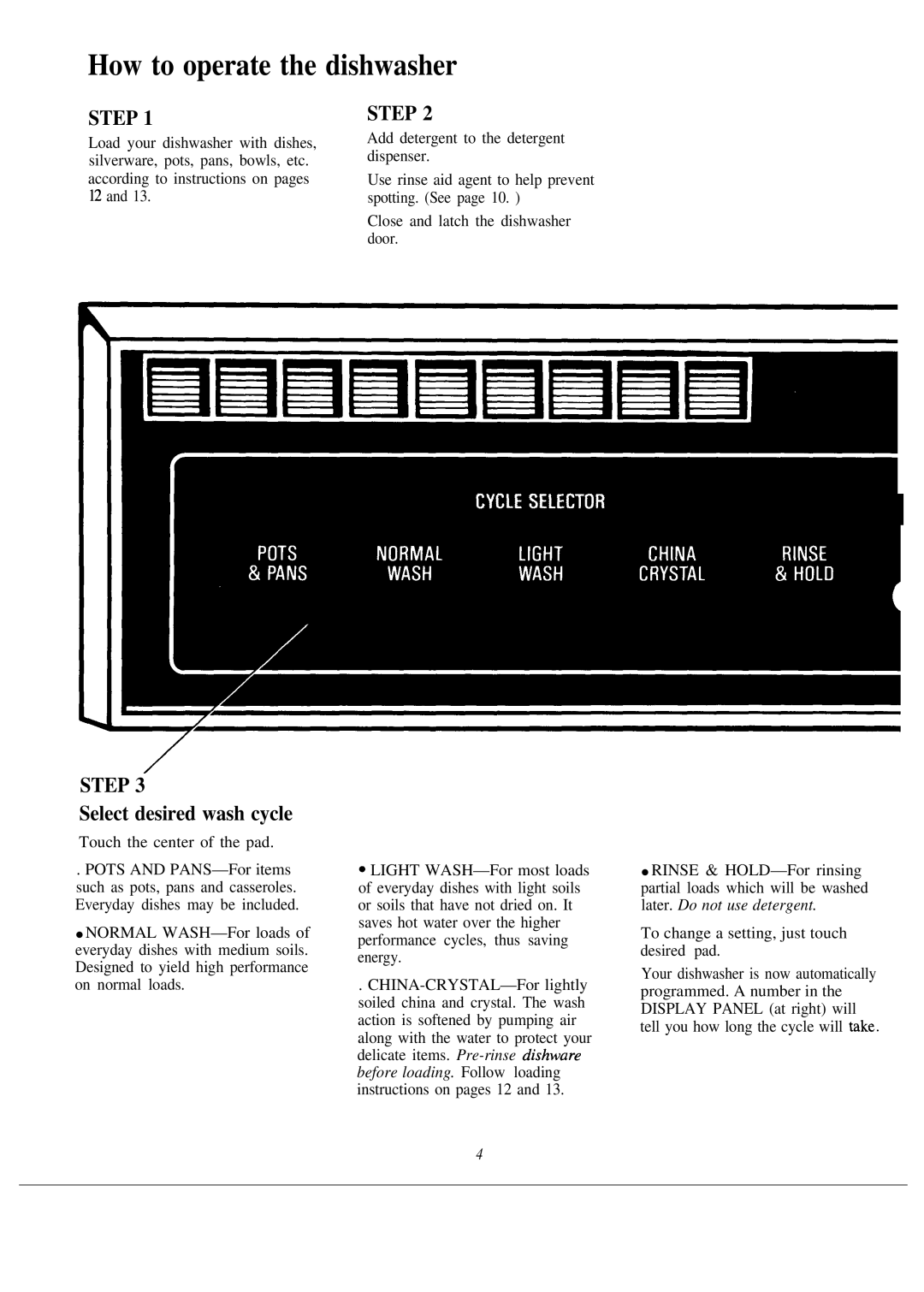 Hotpoint HDA2000M warranty How to operate the dishwasher, Select desired wash cycle 