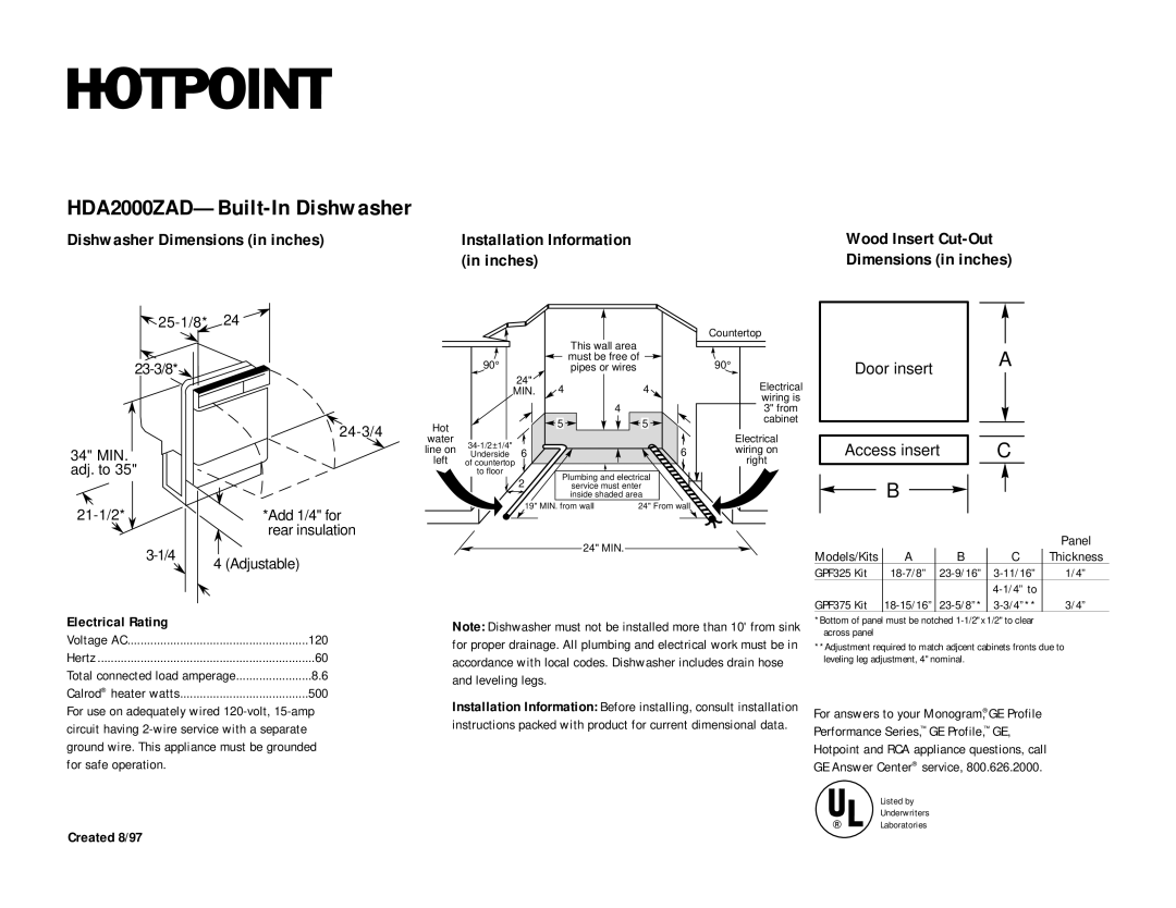 Hotpoint HDA2000ZAD dimensions Dimensions in inches, Electrical Rating, Created 8/97 