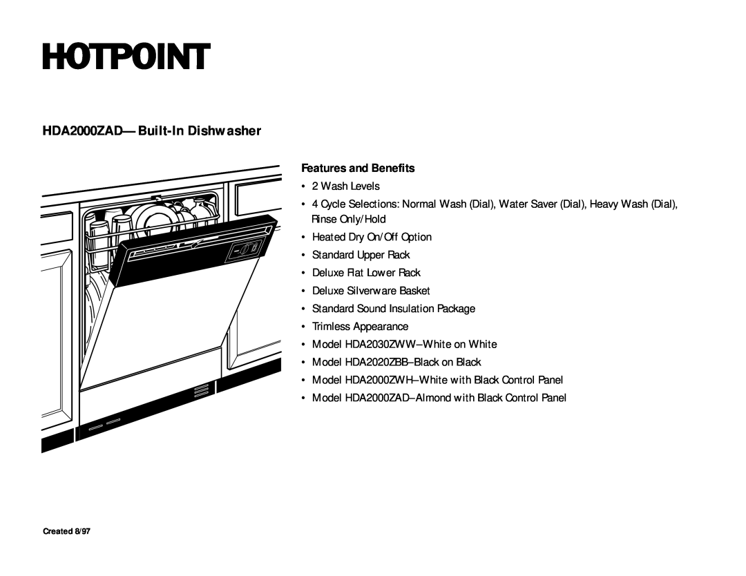 Hotpoint dimensions HDA2000ZAD-Built-In Dishwasher, Features and Benefits 