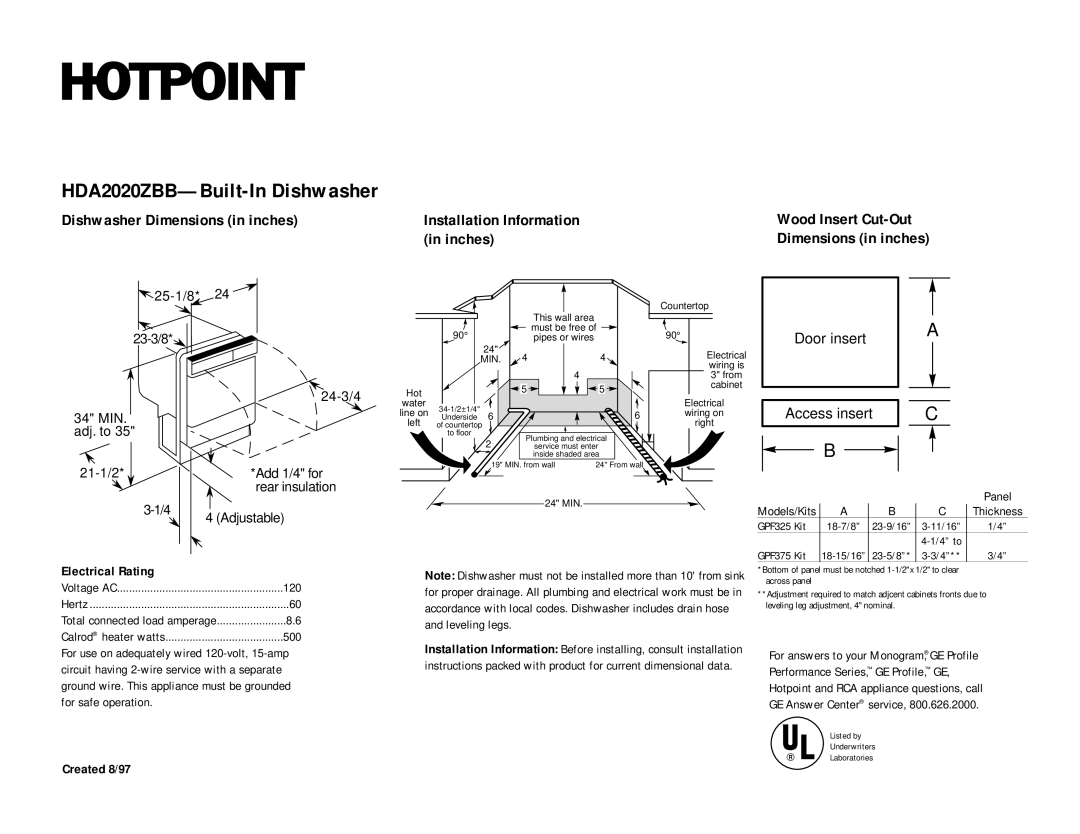 Hotpoint HDA2020ZBB dimensions Dimensions in inches, Electrical Rating, Created 8/97 