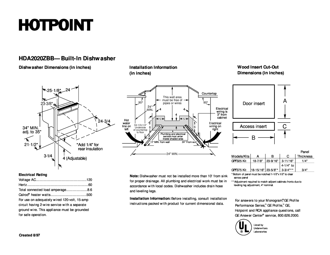 Hotpoint dimensions HDA2020ZBB-Built-In Dishwasher, Dishwasher Dimensions in inches, Installation Information, 25-1/8 