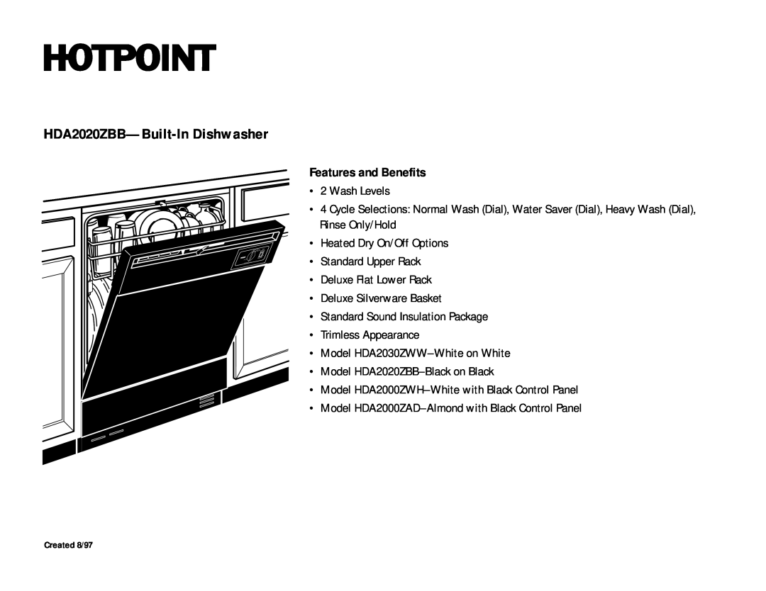 Hotpoint dimensions HDA2020ZBB-Built-In Dishwasher, Features and Benefits 