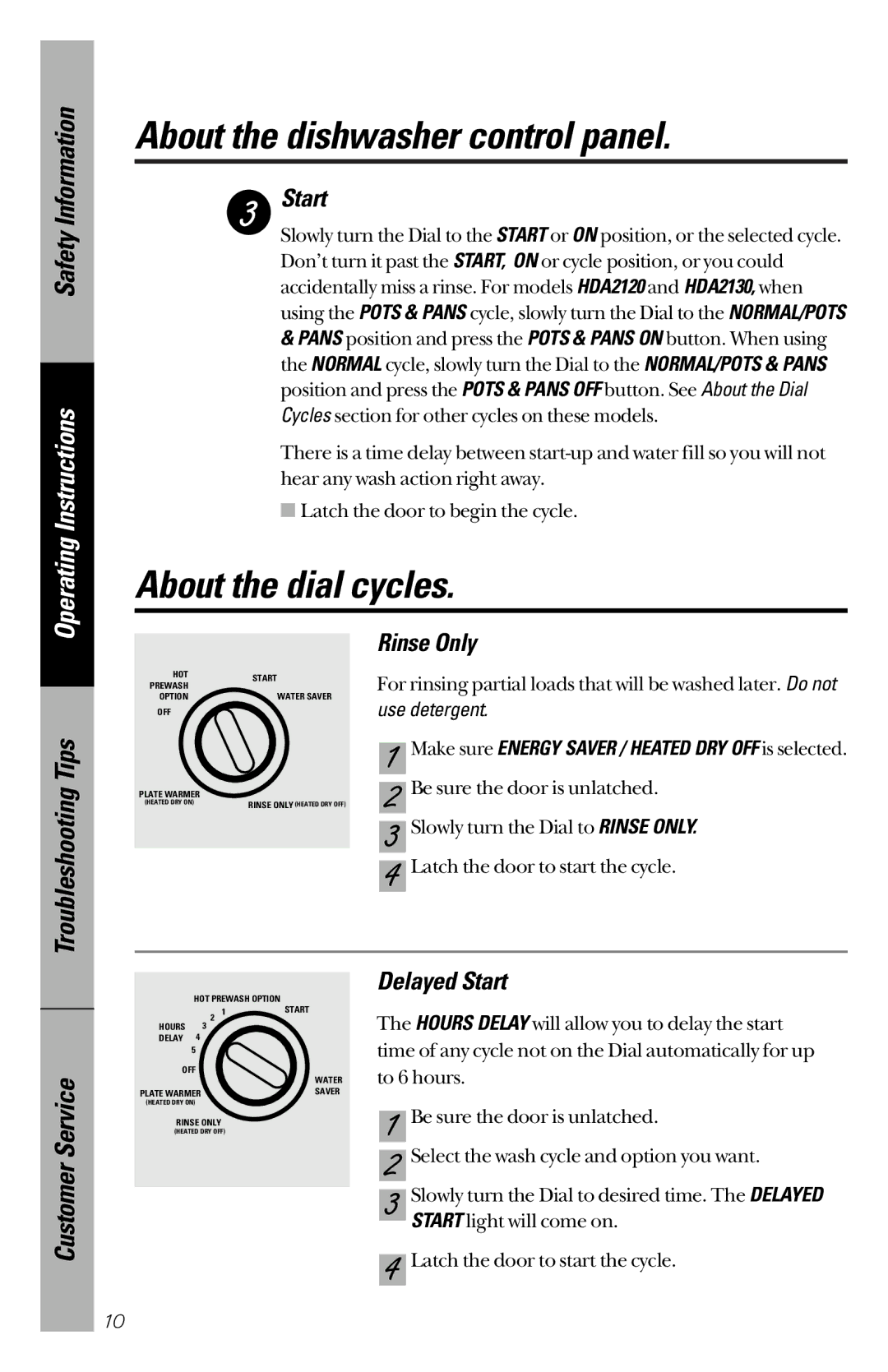 Hotpoint HDA3200, HDA2100, HDA2200 owner manual About the dial cycles, Rinse Only, Delayed Start, Use detergent 