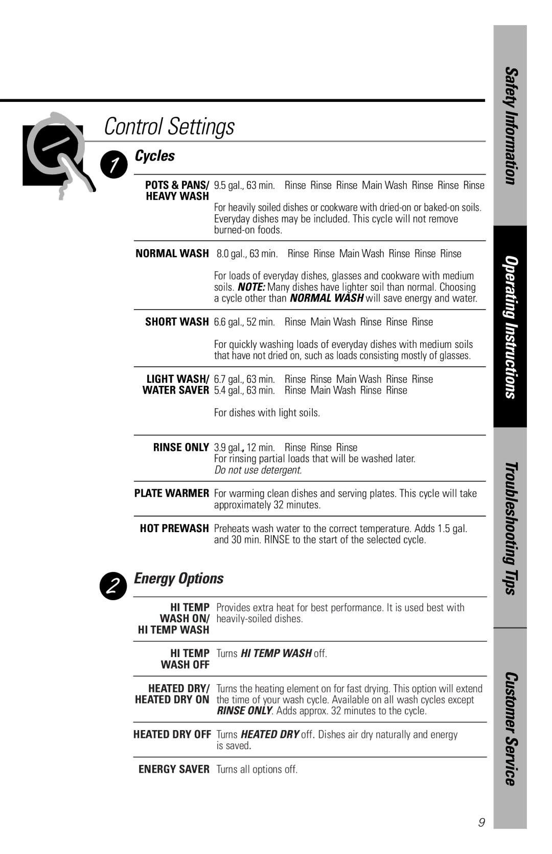 Hotpoint HDA2100, HDA3200, HDA2200 owner manual Cycles, Energy Options 