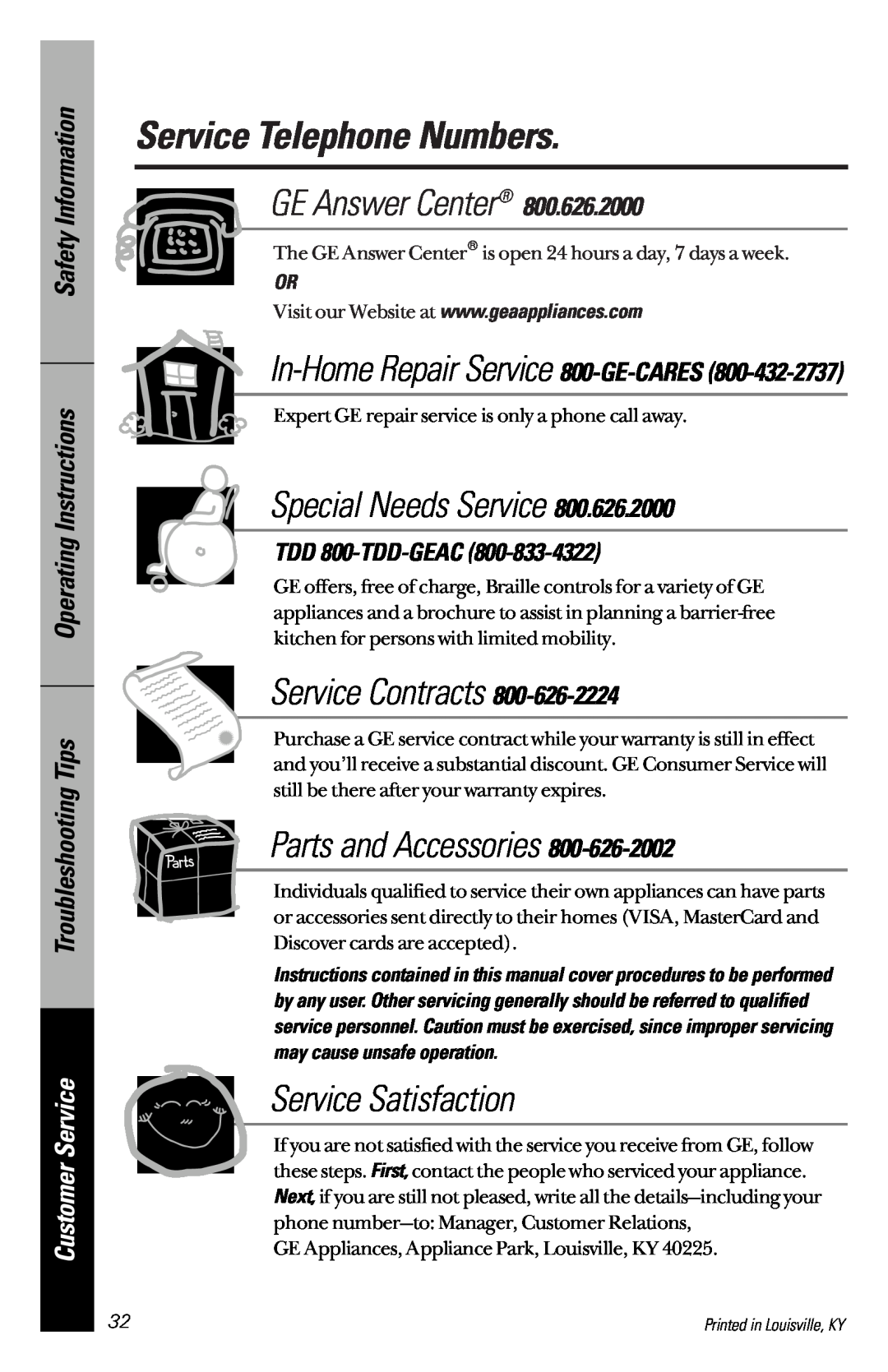 Hotpoint HDA2200 Service Telephone Numbers, In-HomeRepair Service 800-GE-CARES, TDD 800-TDD-GEAC, GE Answer Center 