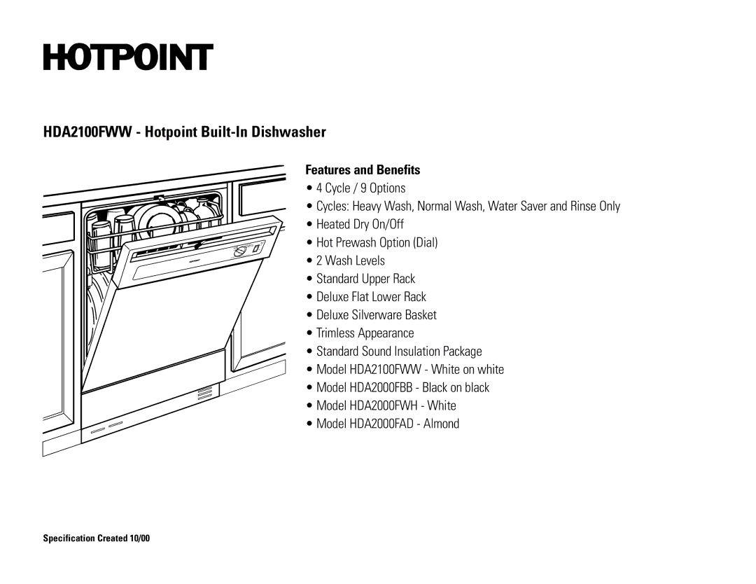 Hotpoint HDA2100FWW dimensions Features and Benefits 