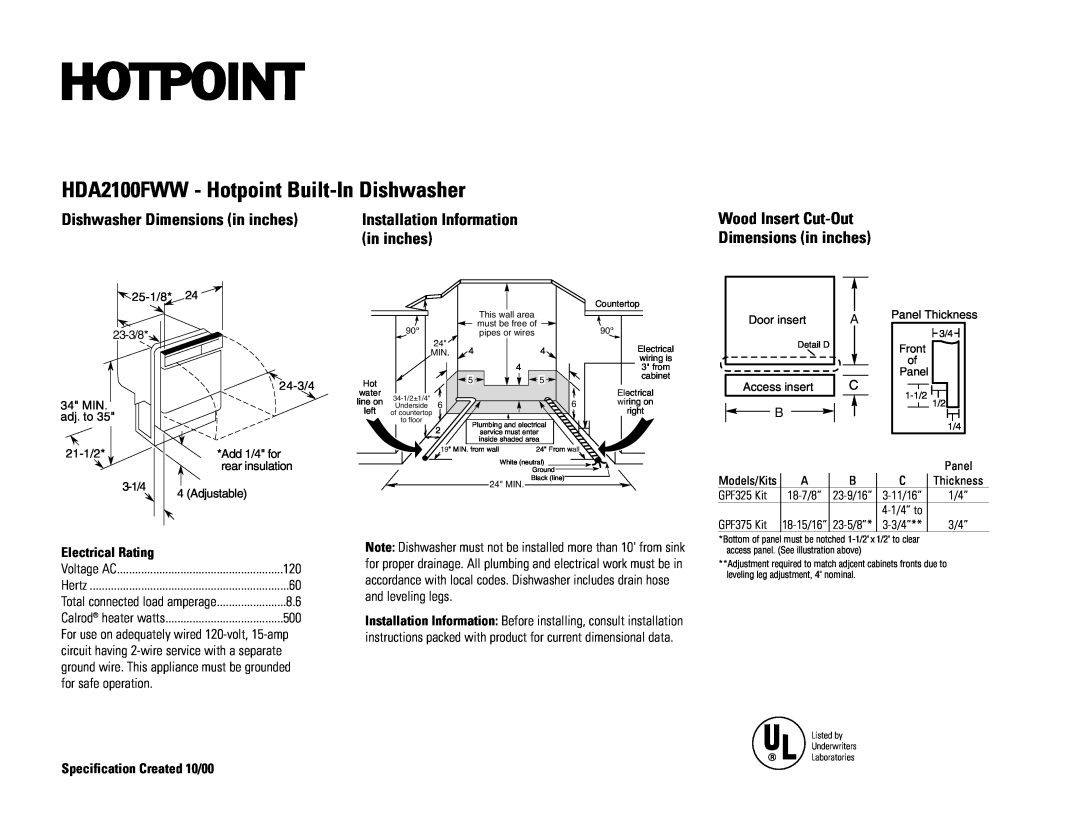 Hotpoint dimensions HDA2100FWW - Hotpoint Built-InDishwasher, Dishwasher Dimensions in inches, Electrical Rating 