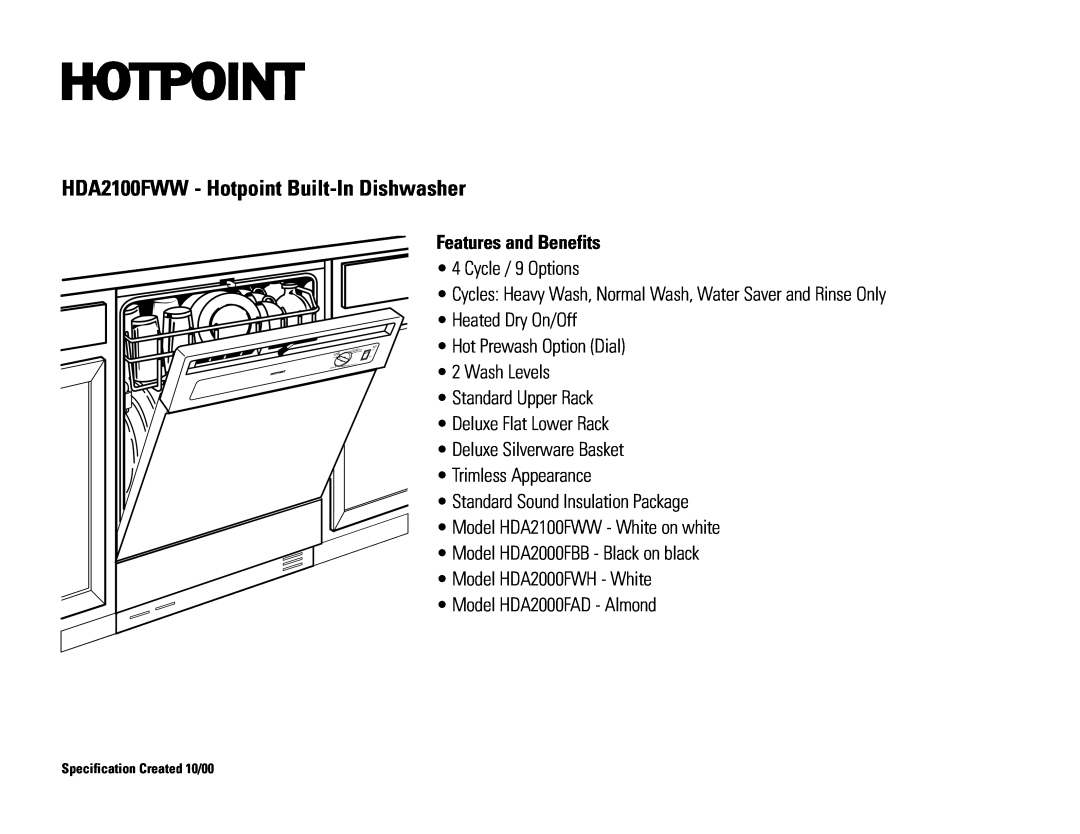 Hotpoint dimensions HDA2100FWW - Hotpoint Built-InDishwasher, Features and Benefits 