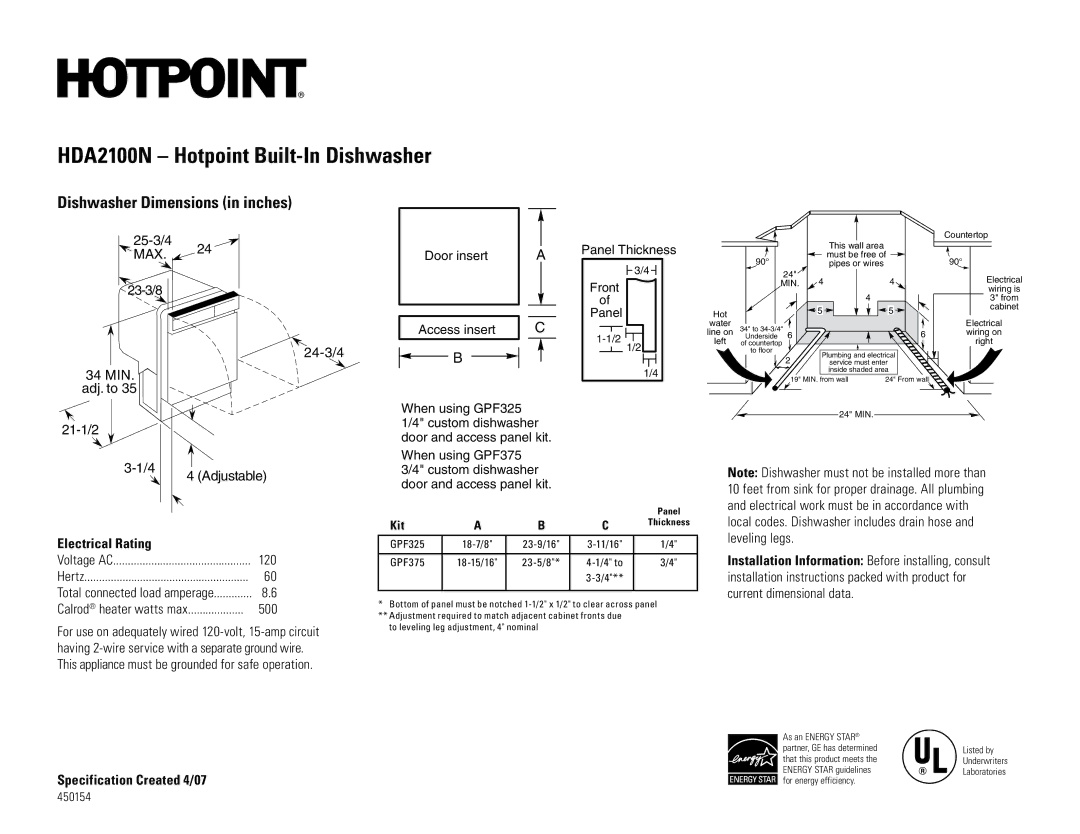 Hotpoint HDA2100nCC, HDA2100N, HDA2100nBB, HDA2100nWW dimensions 2 1/2, GPF325 18-7/8, 11/16 GPF375 18-15/16 