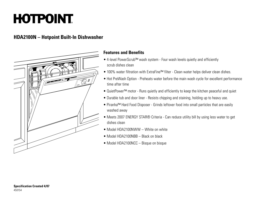 Hotpoint HDA2100nBB, HDA2100N, HDA2100nCC, HDA2100nWW dimensions Features and Benefits 