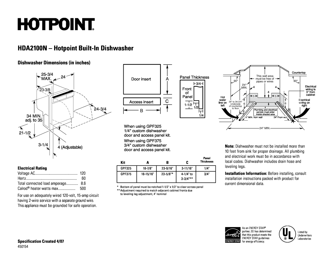 Hotpoint HDA2100nCC dimensions HDA2100N - Hotpoint Built-In Dishwasher, Dishwasher Dimensions in inches, A Panel Thickness 