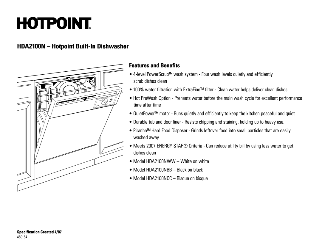Hotpoint HDA2100nBB, HDA2100nCC, HDA2100nWW dimensions HDA2100N - Hotpoint Built-In Dishwasher, Features and Benefits 