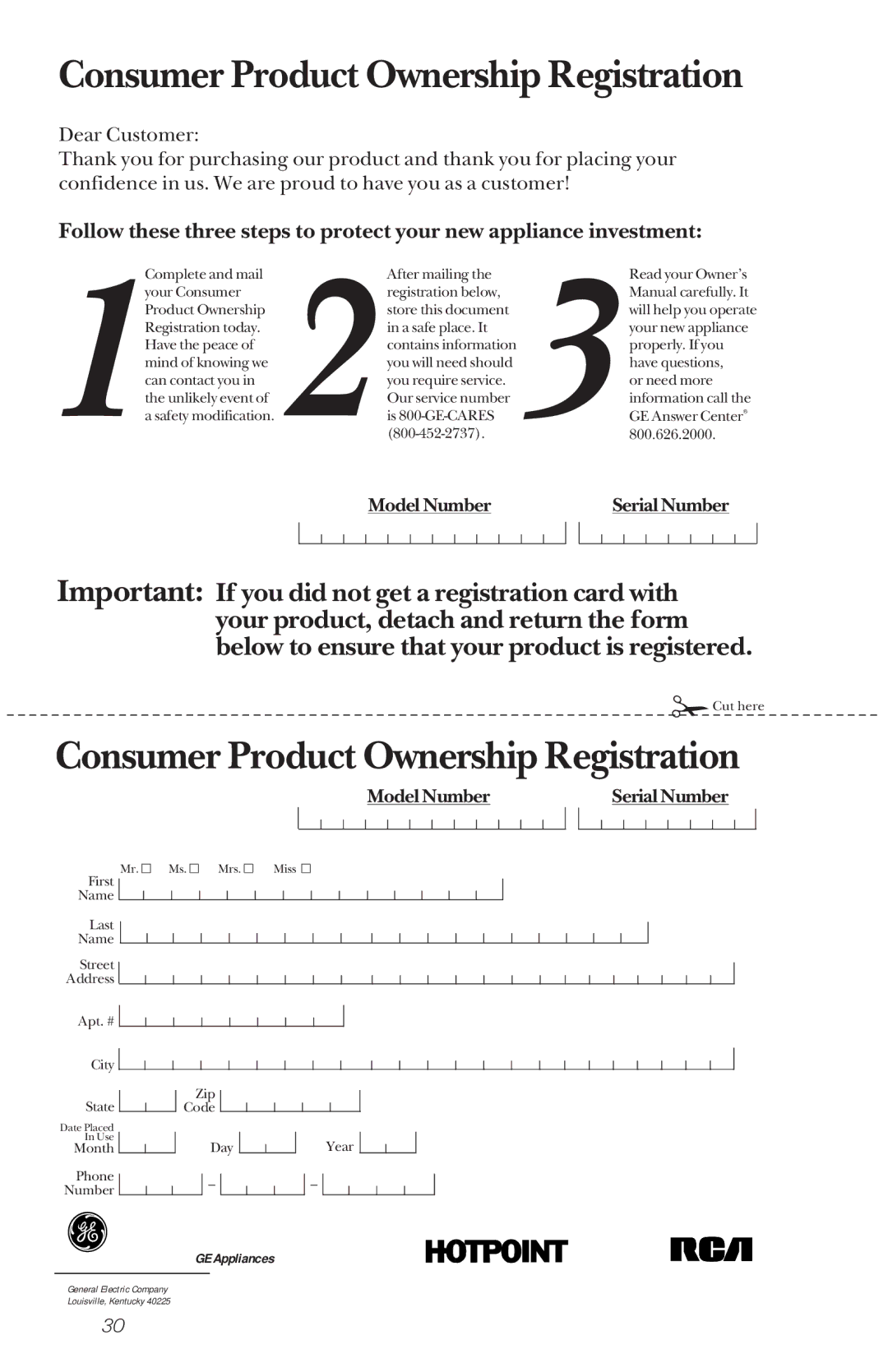 Hotpoint HDA2120, HDA2130 owner manual Consumer Product Ownership Registration 