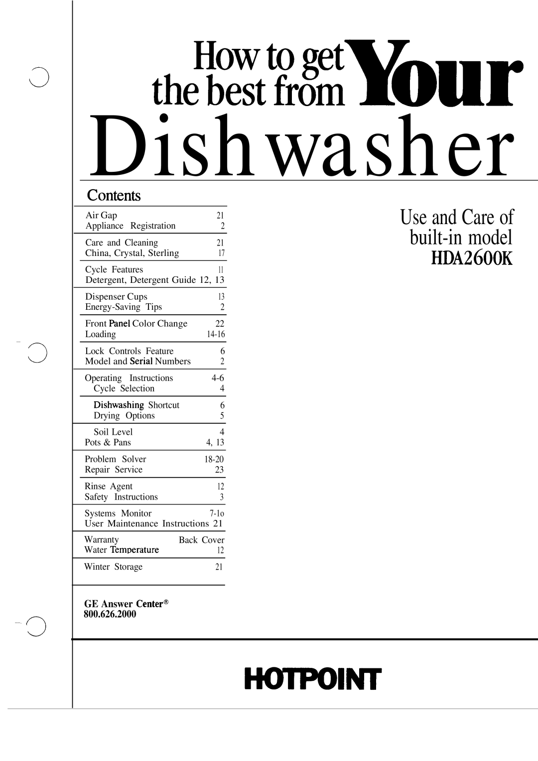 Hotpoint HDA2600K warranty Dishwasher 