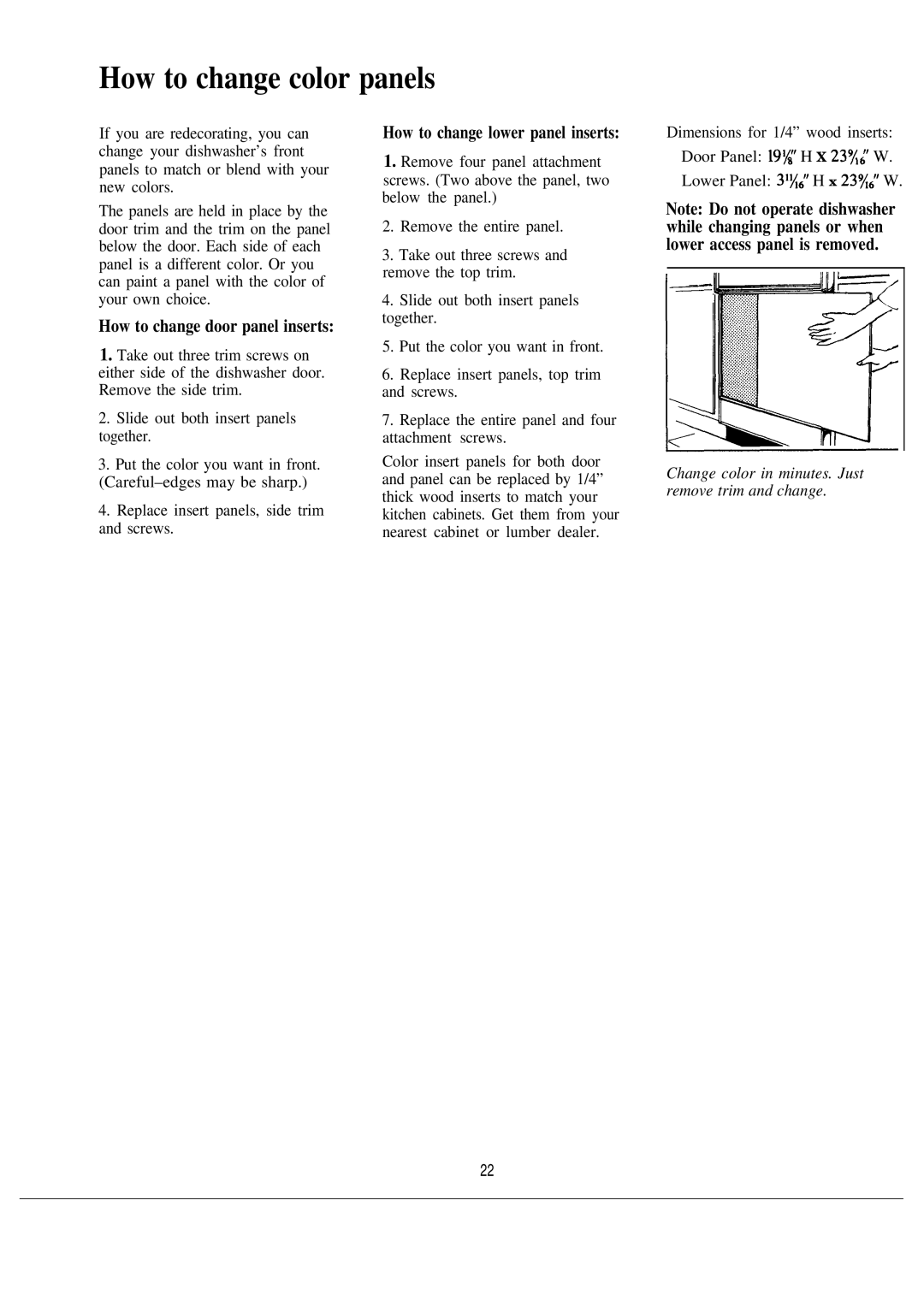 Hotpoint HDA2600K warranty How to change color panels, How to change door panel inserts, How to change lower panel inserts 