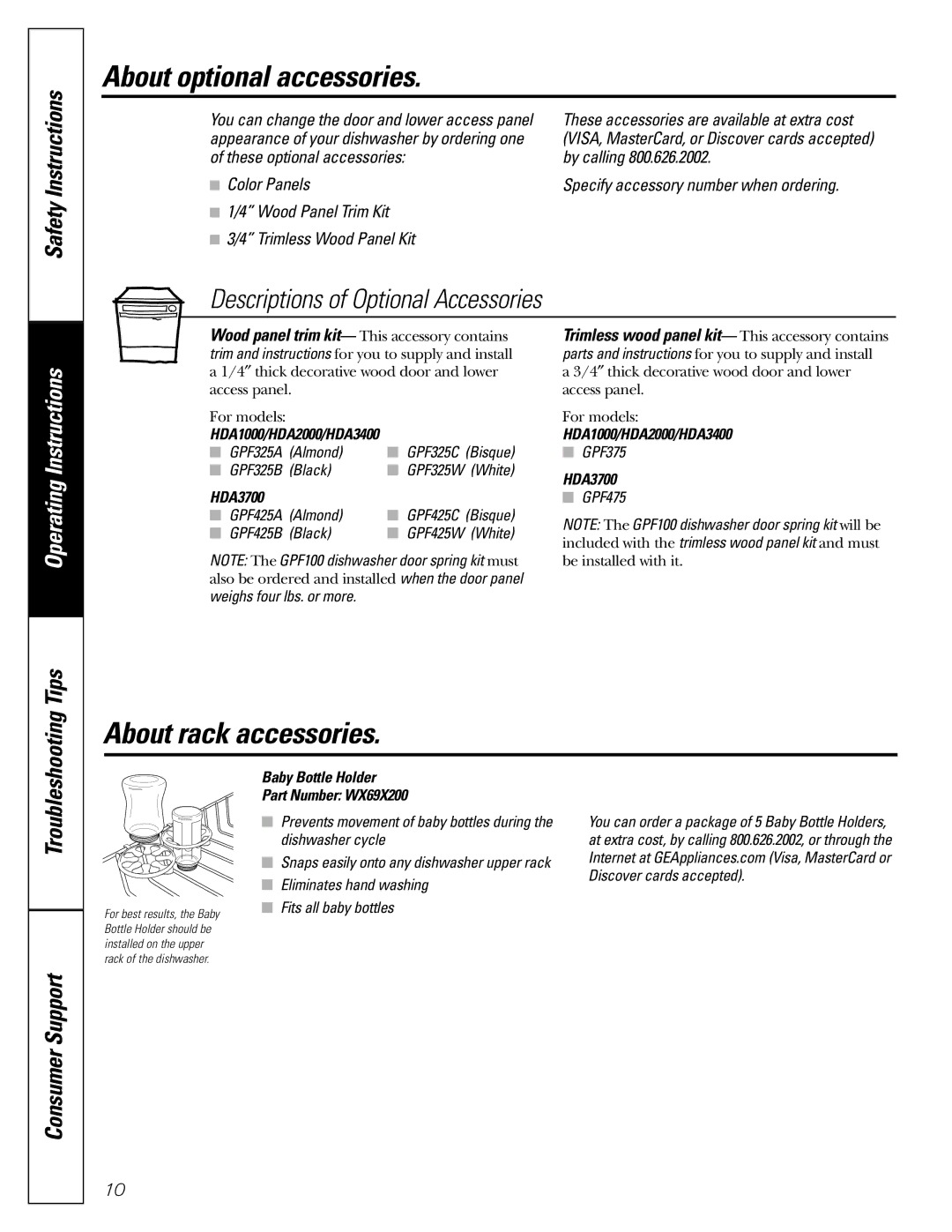 Hotpoint owner manual About optional accessories, About rack accessories, HDA1000/HDA2000/HDA3400, HDA3700 