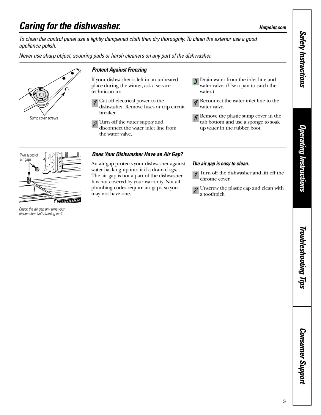 Hotpoint HDA3700, HDA3400 Caring for the dishwasher, Protect Against Freezing, Does Your Dishwasher Have an Air Gap? 