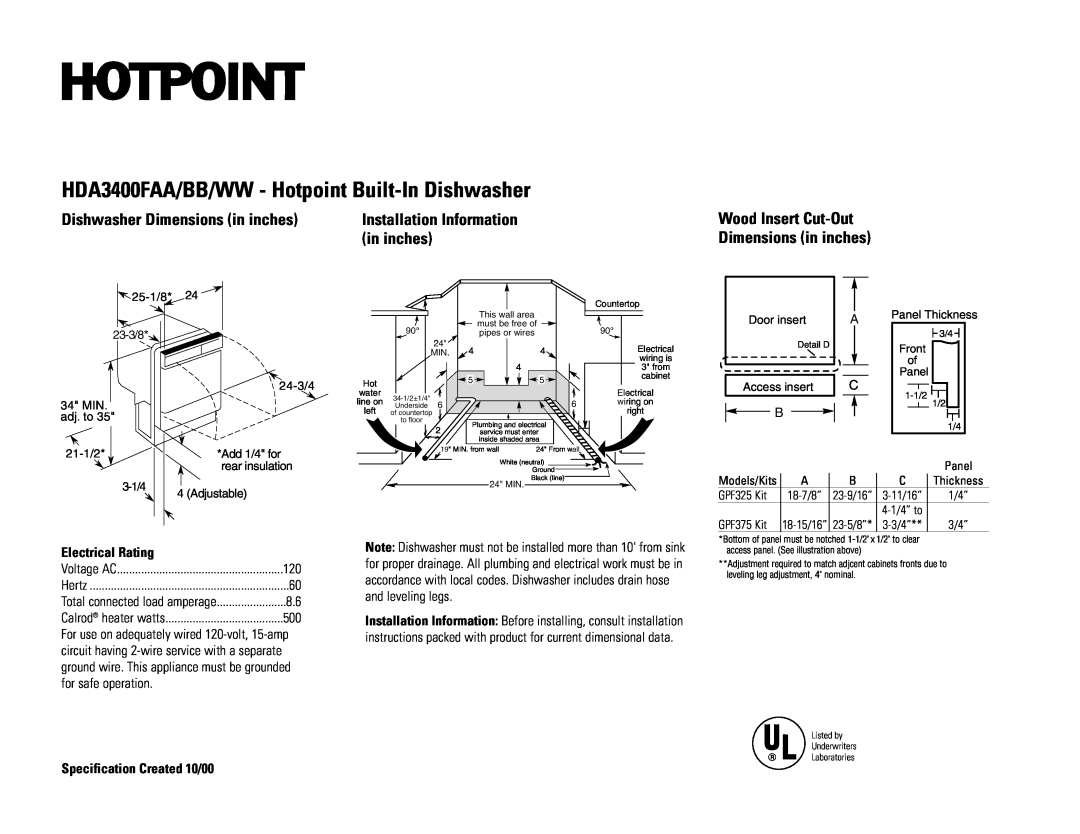Hotpoint dimensions HDA3400FAA/BB/WW - Hotpoint Built-InDishwasher, Dishwasher Dimensions in inches, Electrical Rating 