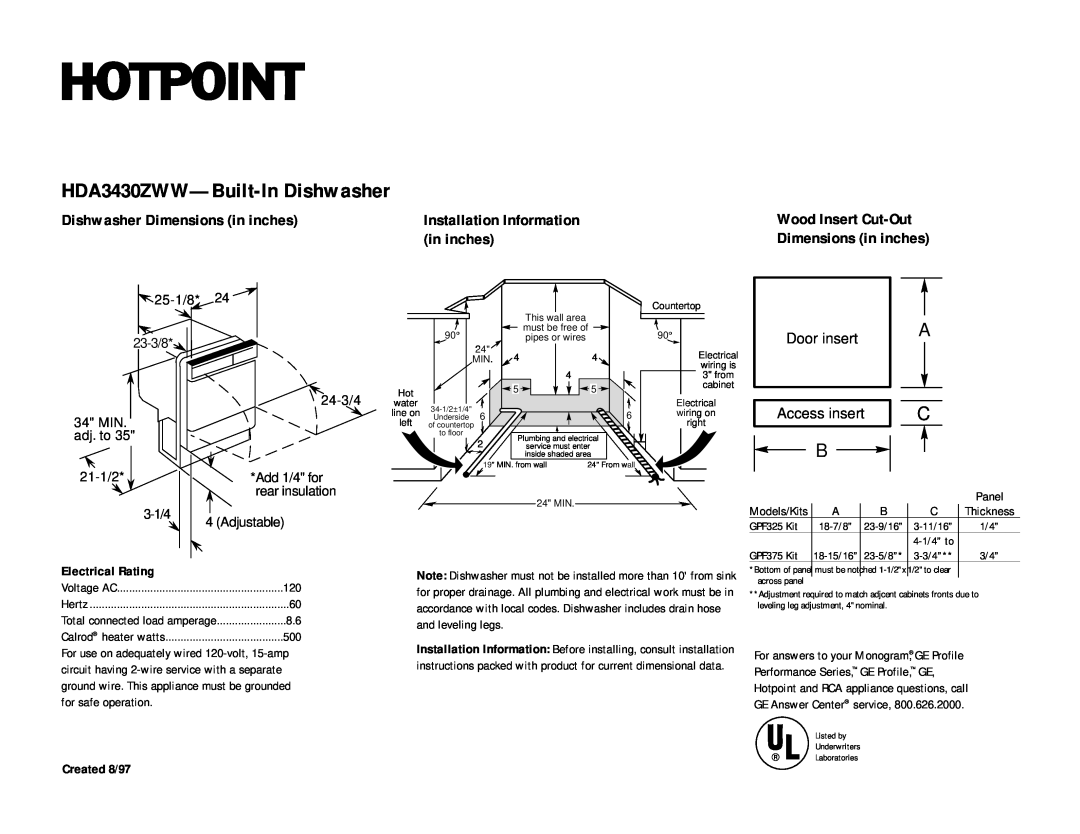 Hotpoint dimensions HDA3430ZWW-Built-InDishwasher, Dishwasher Dimensions in inches, Installation Information, 21-1/2 