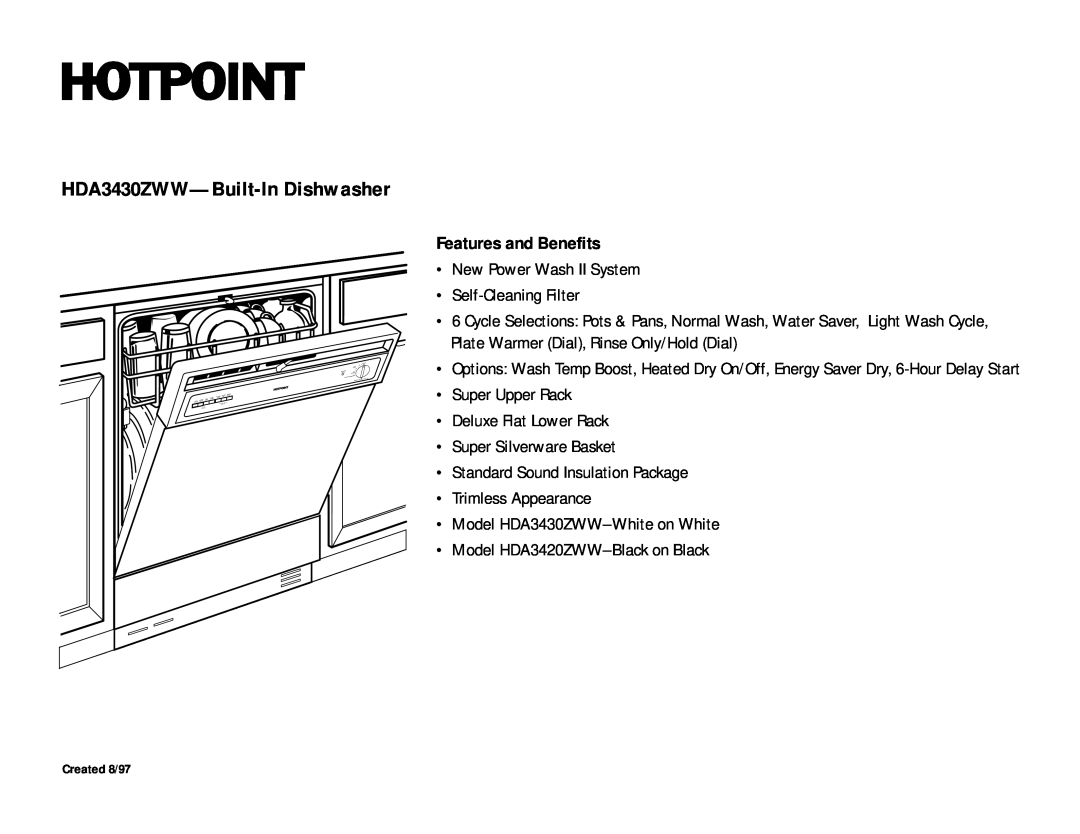 Hotpoint dimensions HDA3430ZWW-Built-InDishwasher, Features and Benefits 