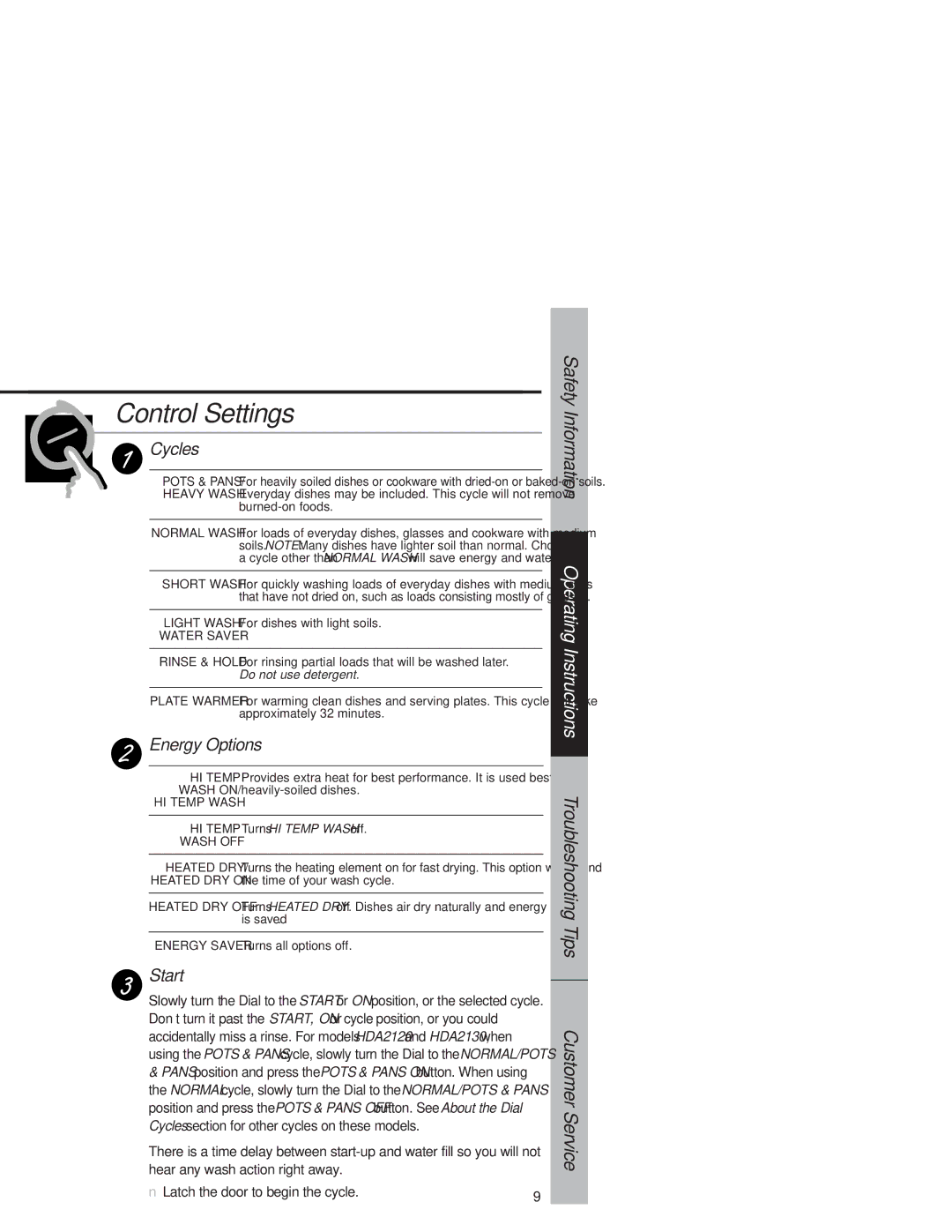 Hotpoint HDA3520, HDA3530 owner manual Cycles, Energy Options, Start 