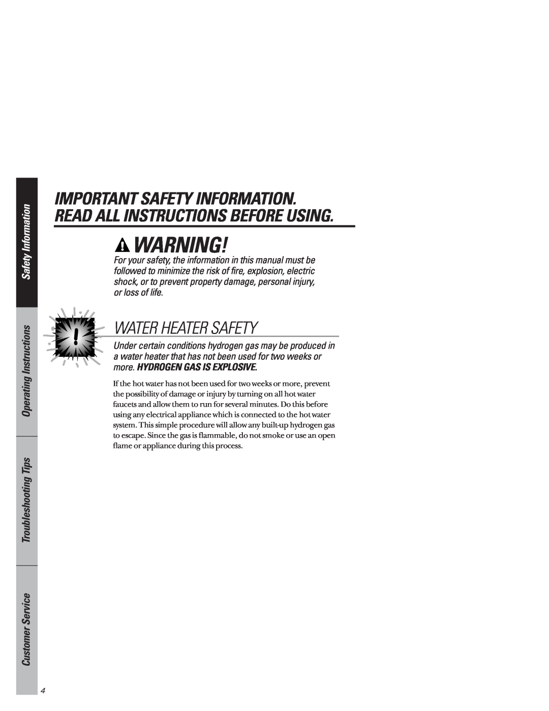 Hotpoint HDA3530 Water Heater Safety, Safety Information, Operating Instructions Troubleshooting Tips, Customer Service 
