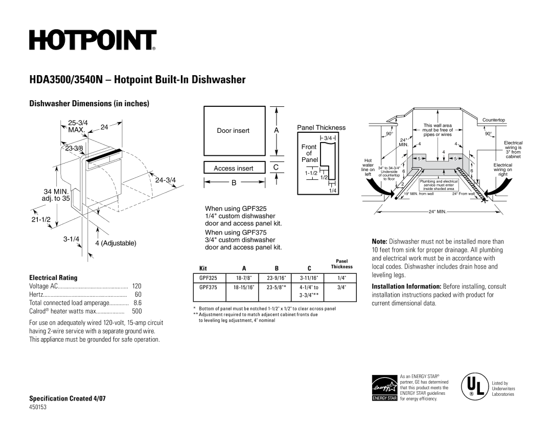 Hotpoint HDA3500, HDA3540N, HDA3540nSA dimensions 2 1/2, GPF325 18-7/8, 11/16 GPF375 18-15/16 