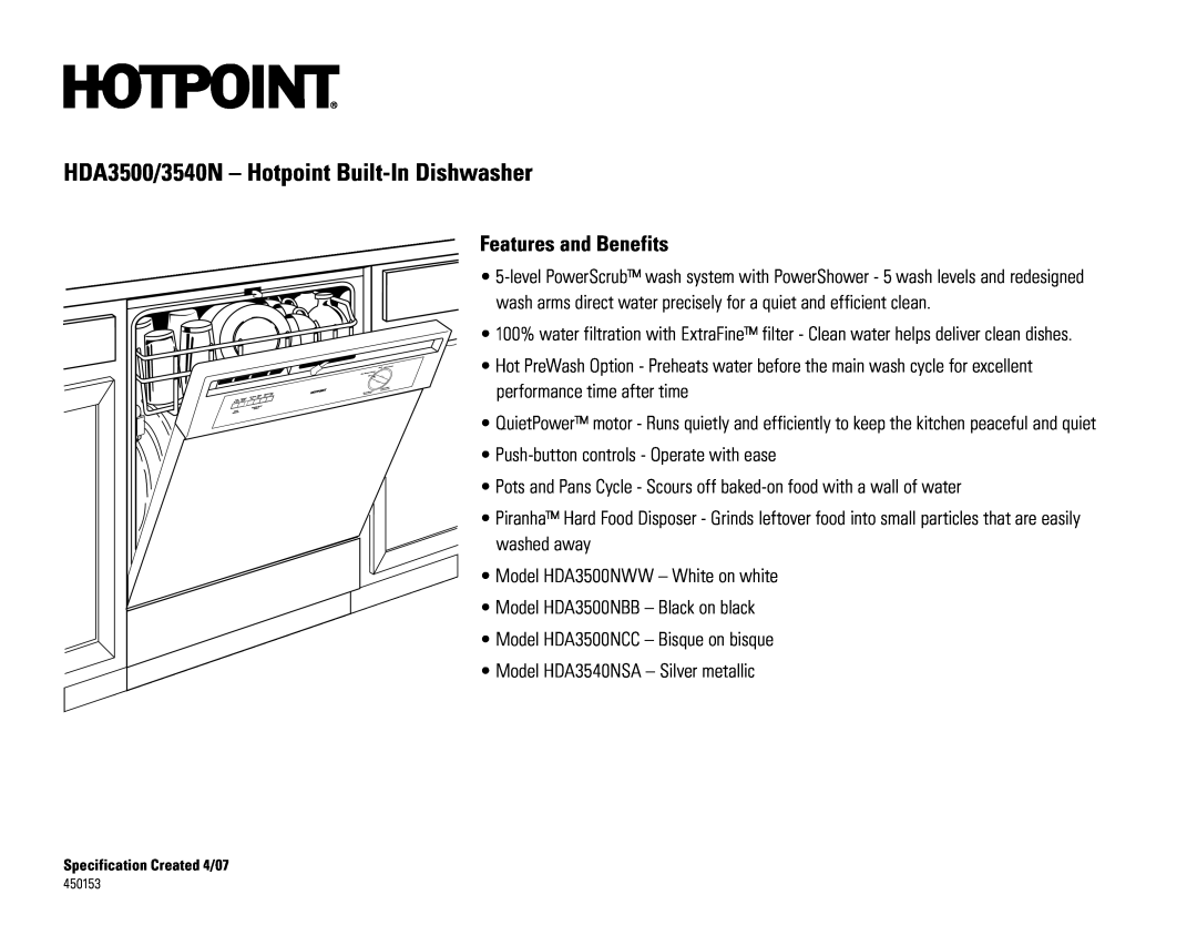 Hotpoint HDA3540nSA, HDA3540N dimensions HDA3500/3540N - Hotpoint Built-InDishwasher, Features and Benefits 