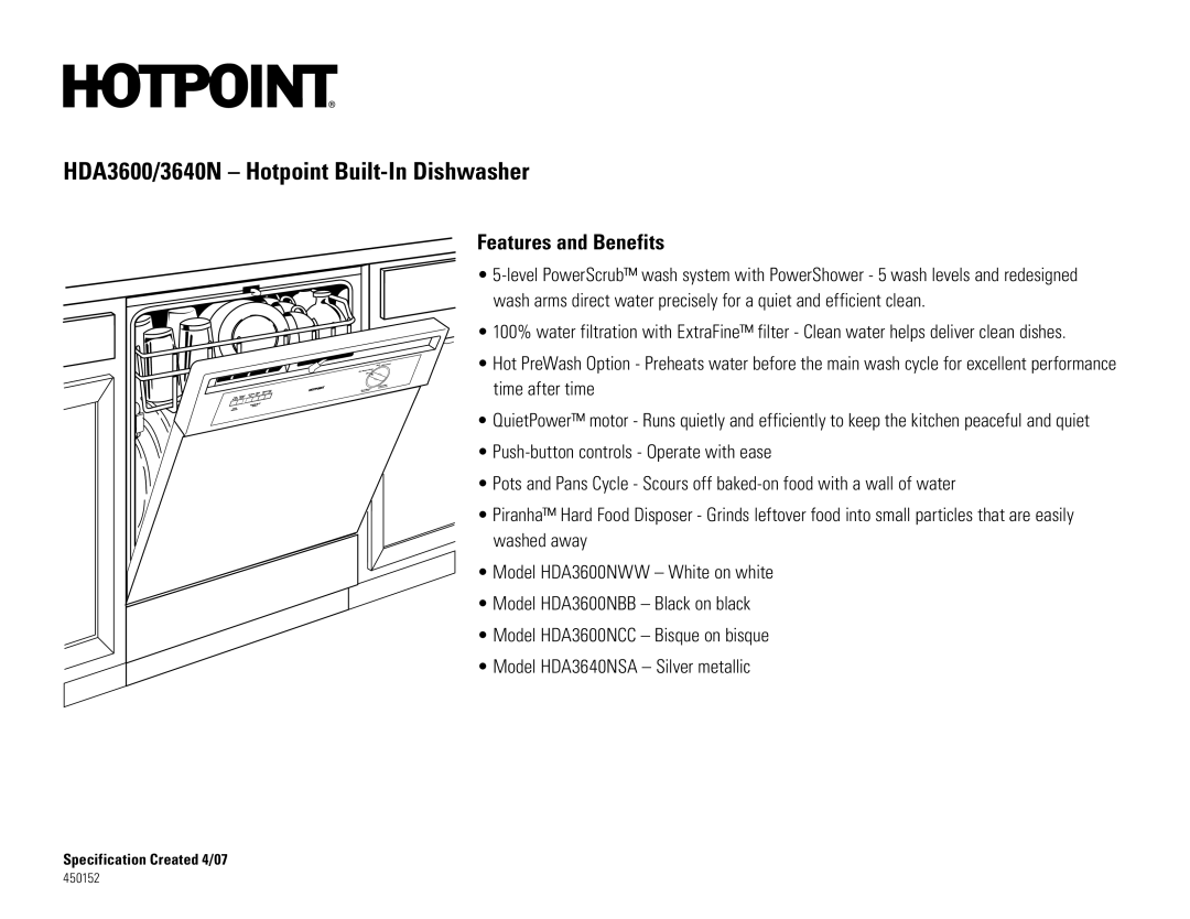 Hotpoint HDA3600nWW, HDA3600nCC, HDA3640N, HDA3600nBB, HDA3500NBB, HDA3500NCC, HDA3500NWW, HDA3640nSA Features and Benefits 