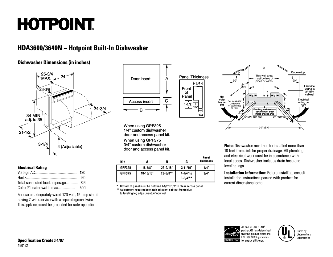 Hotpoint HDA3640N, HDA3600nCC dimensions HDA3600/3640N - Hotpoint Built-InDishwasher, Dishwasher Dimensions in inches 