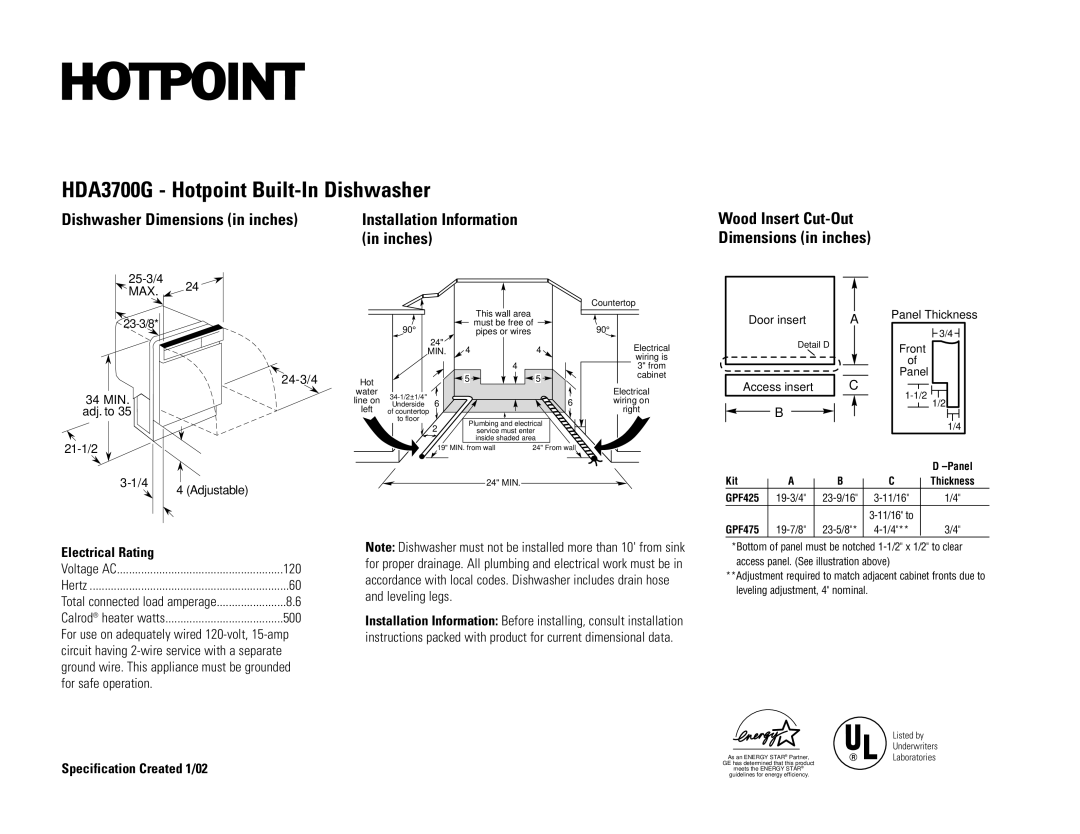 Hotpoint HDA3700GWW, HDA3700GBB dimensions Installation Information in inches, Wood Insert Cut-Out Dimensions in inches 