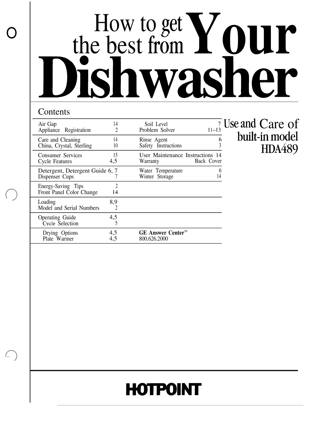 Hotpoint HDA489 warranty Air Gap Soil Level, Registration Problem Solver, Plate Warmer 800.626.2000 