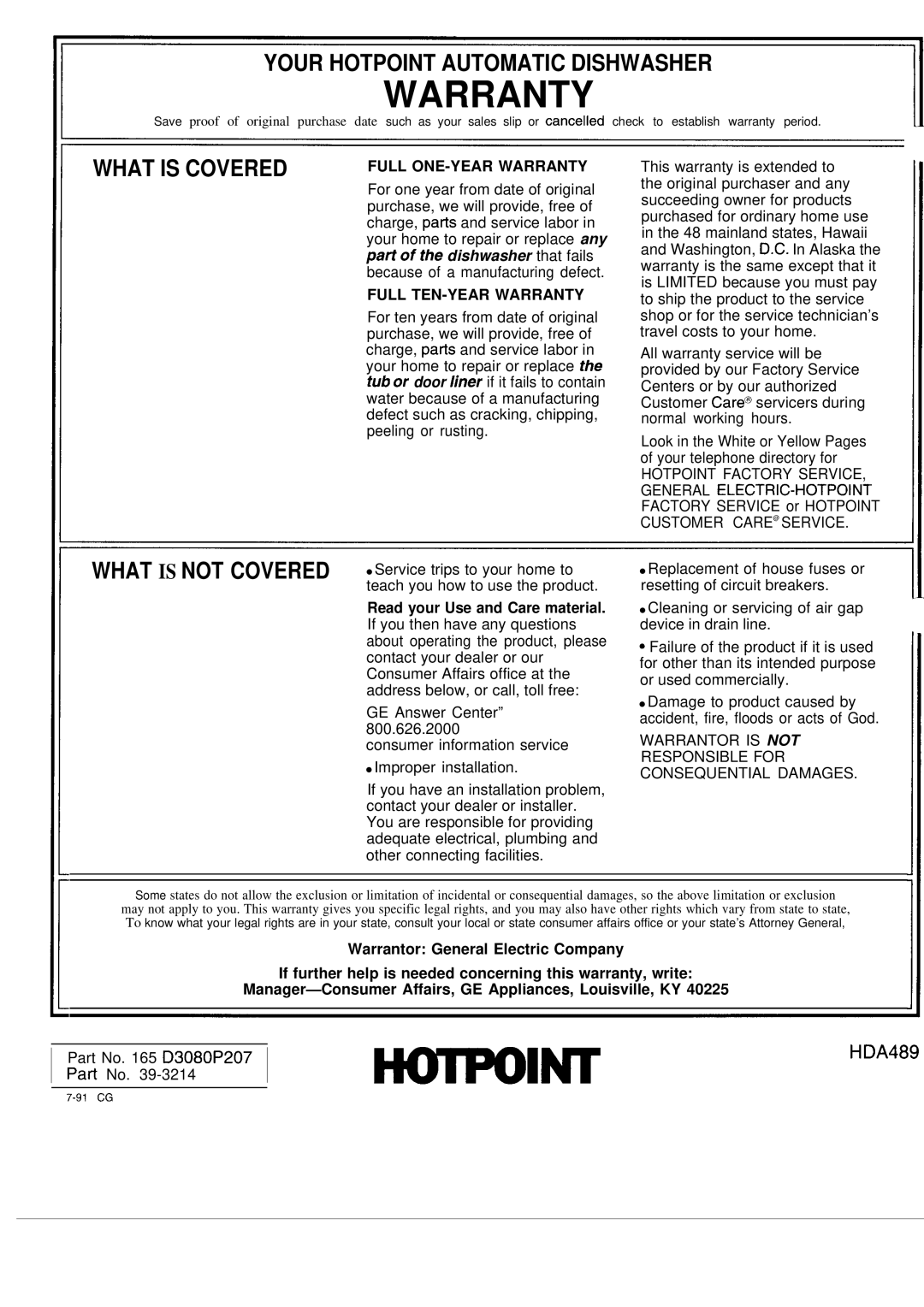 Hotpoint HDA489 warranty Warranty 