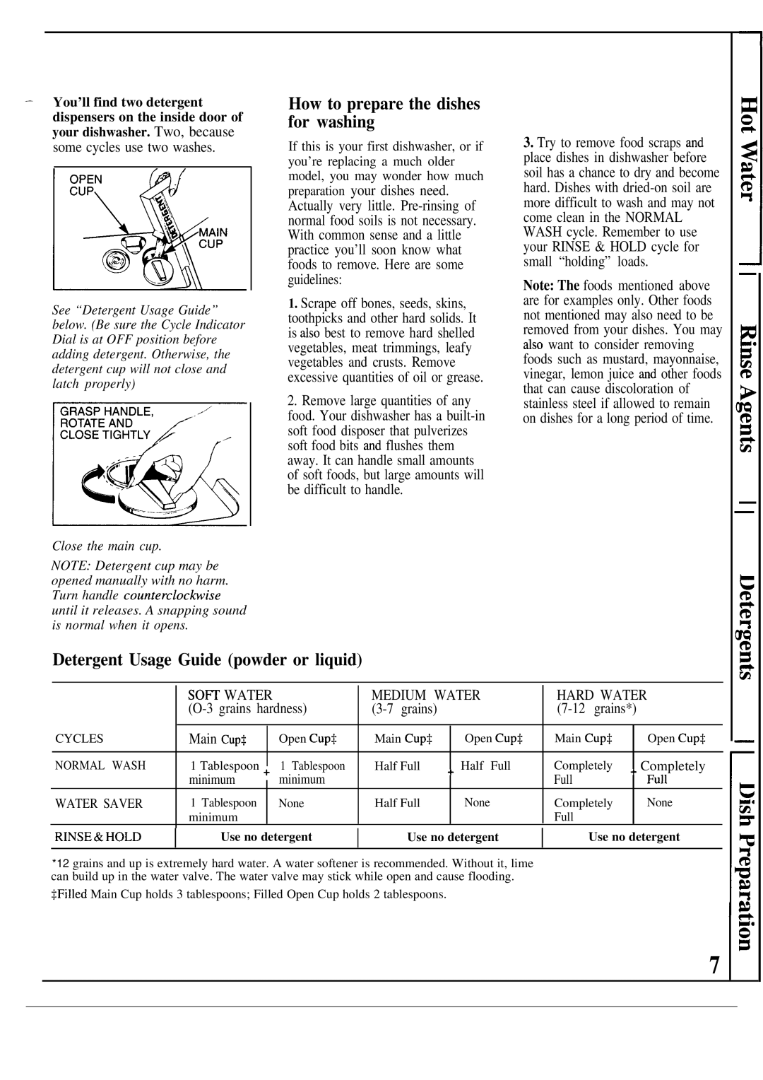 Hotpoint HDA489 warranty How to prepare the dishes for washing, Detergent Usage Guide powder or liquid 