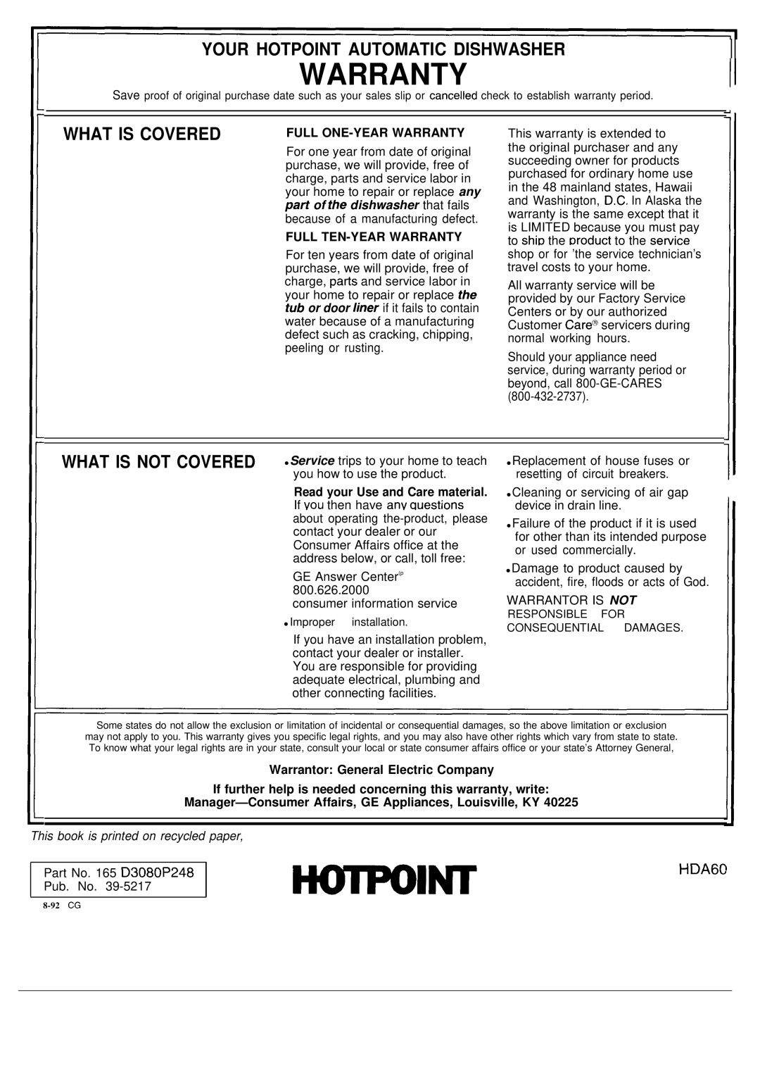 Hotpoint HDA6009 warranty Warranty 