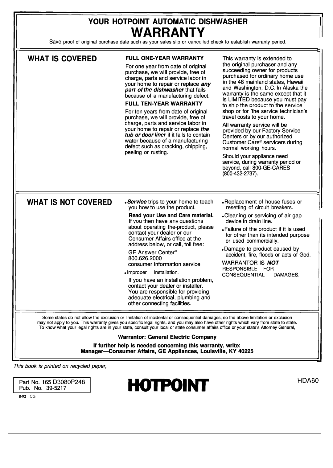 Hotpoint HDA6009 Your Hotpoint Automatic Dishwasher, What Is Covered, Full One-Year Warranty, Full Ten-Year Warranty 