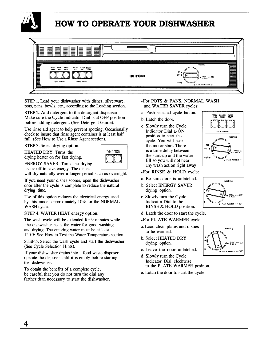 Hotpoint HDA6009 warranty How To Operate Your Dishwasher, bLatchthedo’r 