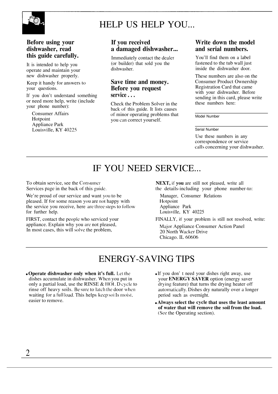 Hotpoint HDA750 warranty Help US Help YOU, If YOU Need Service, ENERGY-SAVING Tips, If you received Damaged dishwasher 